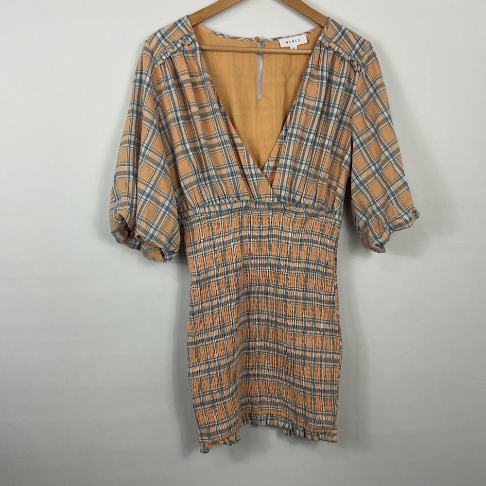 Mable Mini Dress Peach Blue Plaid Short Puff Sleeve Smocked Waist Summer